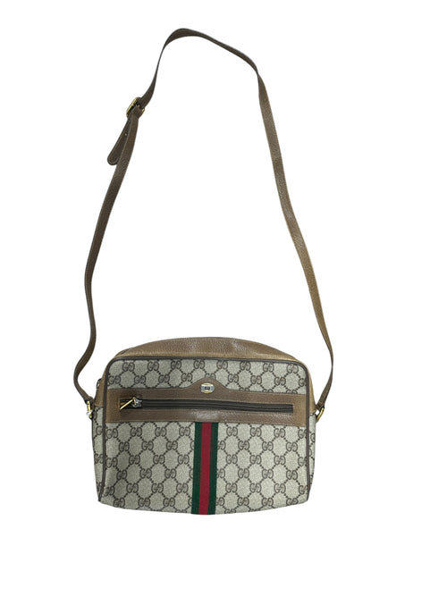 GUCCI GG Supreme Web Stripe Crossbody Bag Beige/Brown Gold Hardware GU576