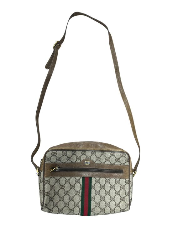 GUCCI GG Supreme Web Stripe Crossbody Bag Beige/Brown Gold Hardware GU576