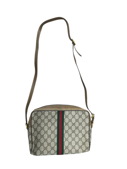 GUCCI GG Supreme Web Stripe Crossbody Bag Beige/Brown Gold Hardware GU576