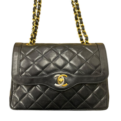 CHANEL Quilted Lambskin Paris Limited Double Flap Shoulder Bag Black Gold Hardware CH2127