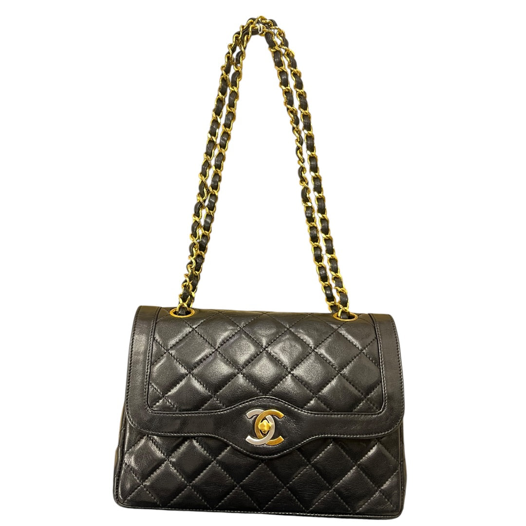 CHANEL Quilted Lambskin Paris Limited Double Flap Shoulder Bag Black Gold Hardware CH2127