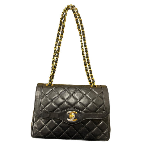 CHANEL Quilted Lambskin Paris Limited Double Flap Shoulder Bag Black Gold Hardware CH2127