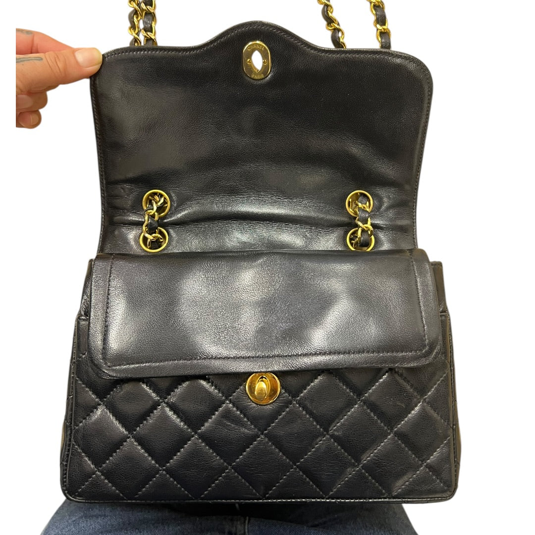 CHANEL Quilted Lambskin Paris Limited Double Flap Shoulder Bag Black Gold Hardware CH2127