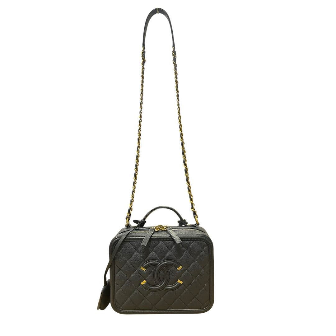 CHANEL Caviar CC Filigree Vanity Case Shoulder Bag Black Gold Hardware CH2128