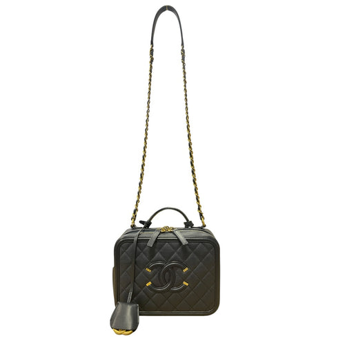 CHANEL Caviar CC Filigree Vanity Case Shoulder Bag Black Gold Hardware CH2128