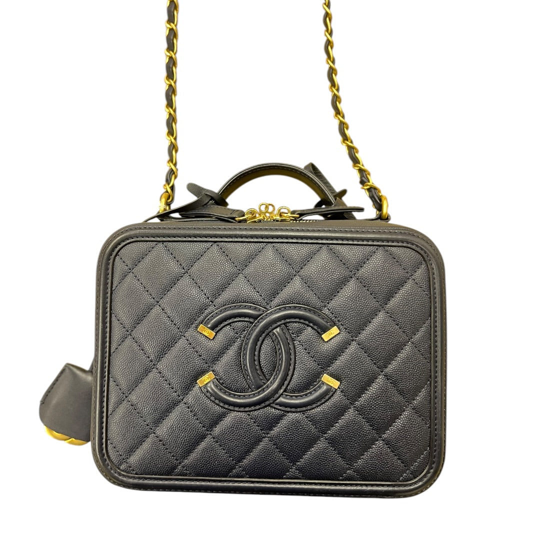 CHANEL Caviar CC Filigree Vanity Case Shoulder Bag Black Gold Hardware CH2128
