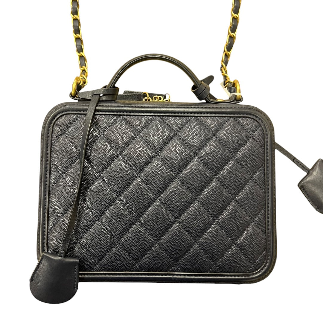 CHANEL Caviar CC Filigree Vanity Case Shoulder Bag Black Gold Hardware CH2128