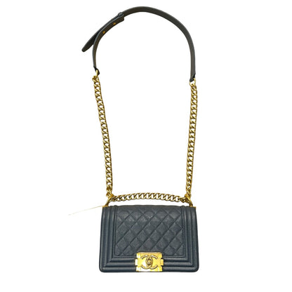 CHANEL Caviar Quilted Small Boy Shoulder Bag Black Gold Hardware CH2133