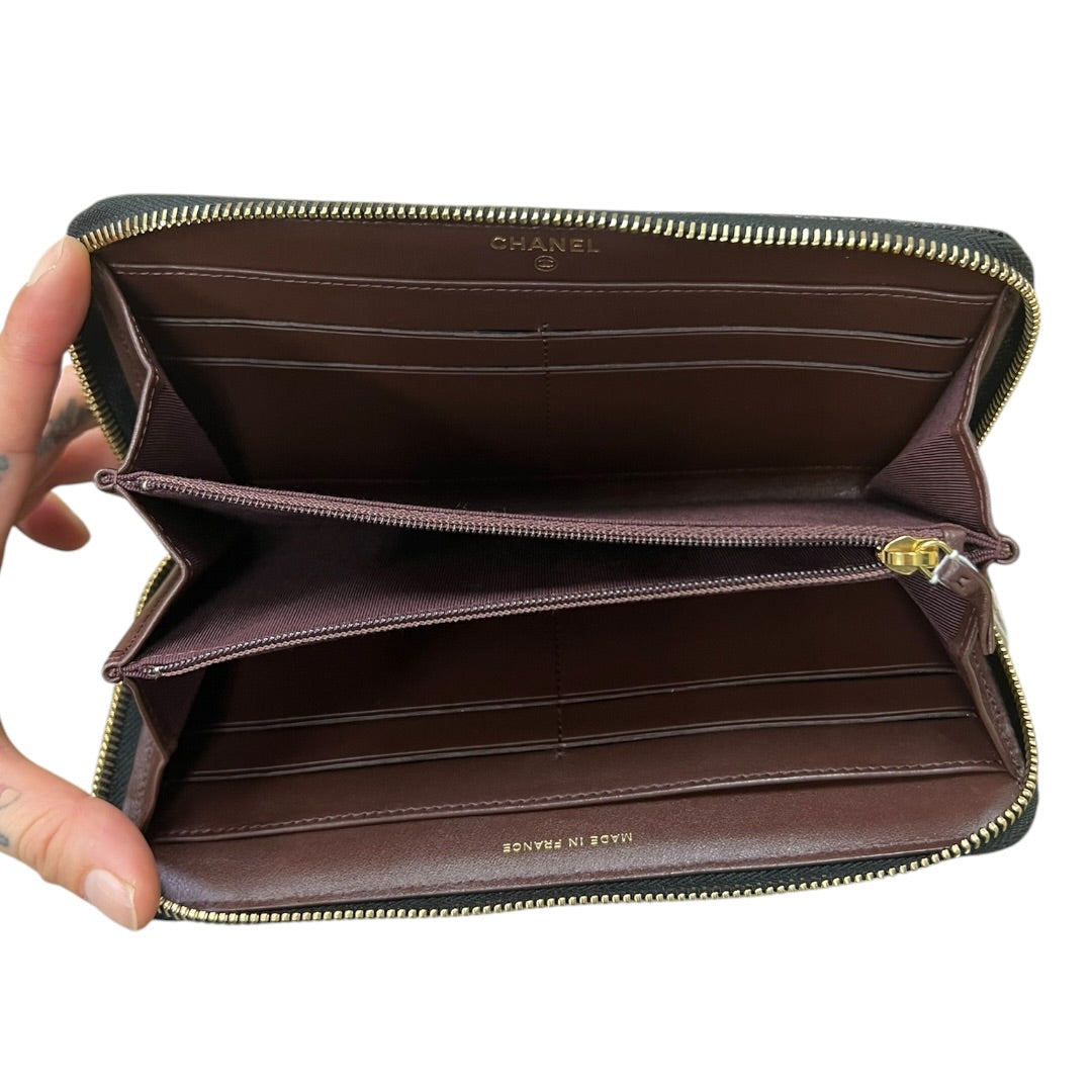 CHANEL Caviar Quilted Zip Around Long Wallet Black Gold Hardware CH2131