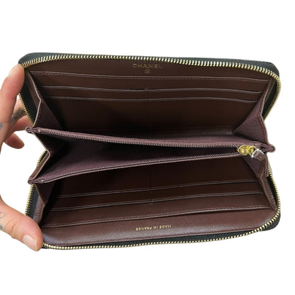 CHANEL Caviar Quilted Zip Around Long Wallet Black Gold Hardware CH2131