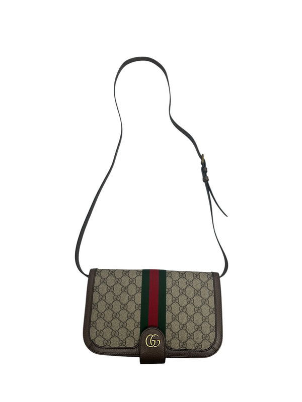 GUCCI GG Supreme Ophidia Small Shoulder Bag Brown Gold Hardware GU577