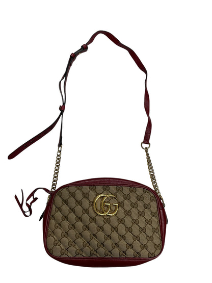 GUCCI GG Canvas Abbey Shoulder Bag Beige/Red Gold Hardware GU578