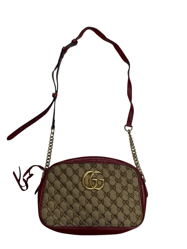 GUCCI GG Canvas Abbey Shoulder Bag Beige/Red Gold Hardware GU578