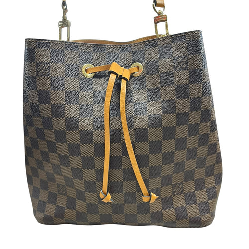LOUIS VUITTON Damier Ebene NeoNoe BB Bucket Bag Brown Gold Hardware LO2356