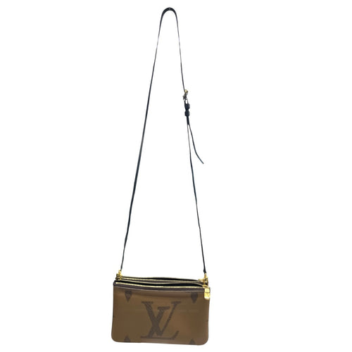 LOUIS VUITTON Monogram Reverse Double Zip Pochette Crossbody Pouch Brown Gold Hardware LO2340