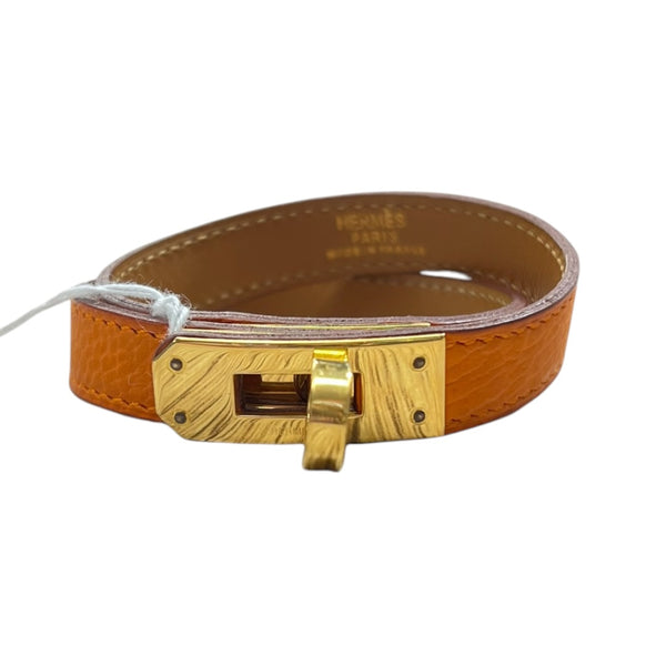 HERMES Kelly Double Tour Bracelet Orange Leather Gold Hardware HE448