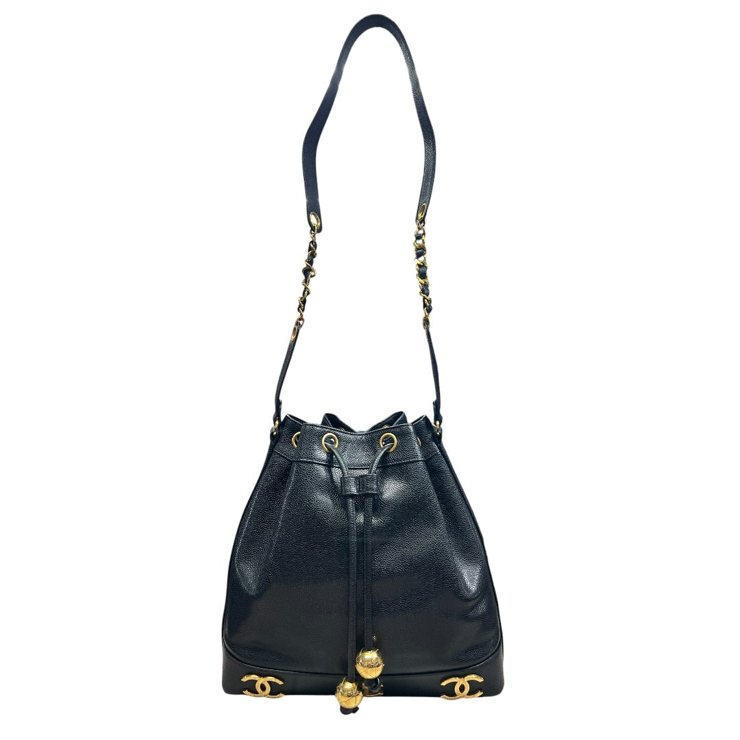 CHANEL Caviar Vintage Bucket Drawstring Shoulder Bag Black Gold Hardware CH2139