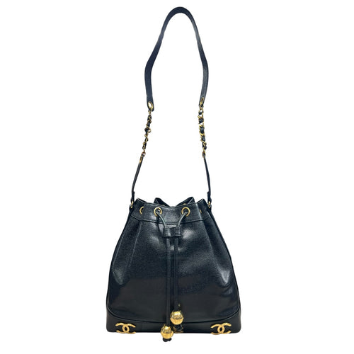 CHANEL Caviar Vintage Bucket Drawstring Shoulder Bag Black Gold Hardware CH2139