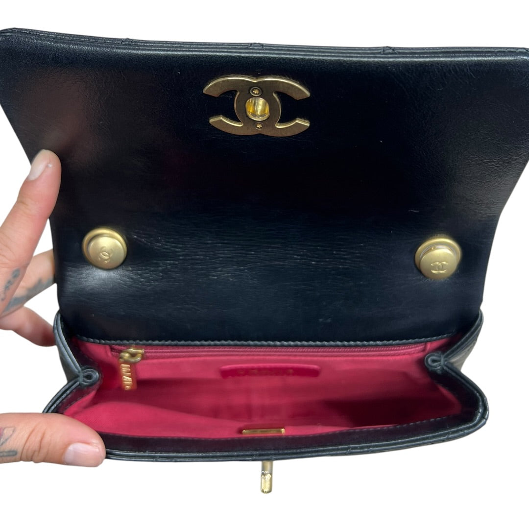 CHANEL Lambskin Mini Flap Bag with Pearl Chain Black Gold Hardware CH2135