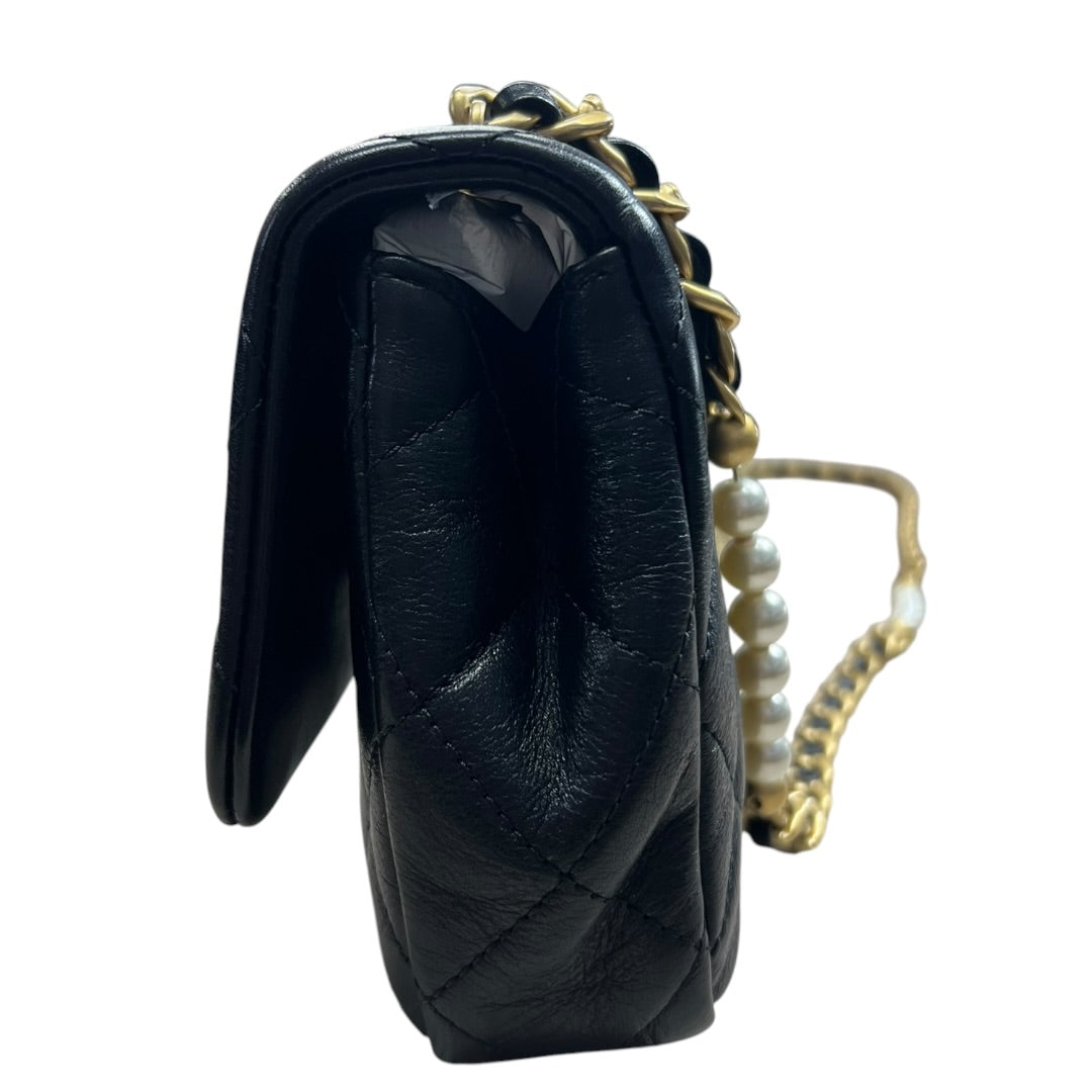 CHANEL Lambskin Mini Flap Bag with Pearl Chain Black Gold Hardware CH2135