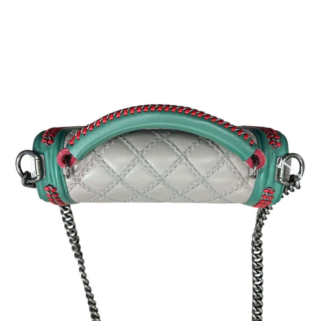 CHANEL Boy Bag Old Medium Tricolor Quilted Lambskin Grey Turquoise Silver Hardware CH2138