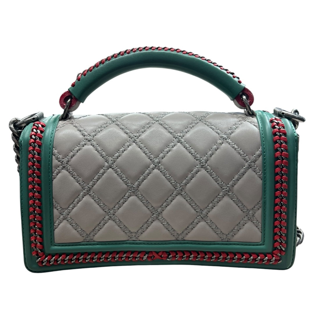 CHANEL Boy Bag Old Medium Tricolor Quilted Lambskin Grey Turquoise Silver Hardware CH2138