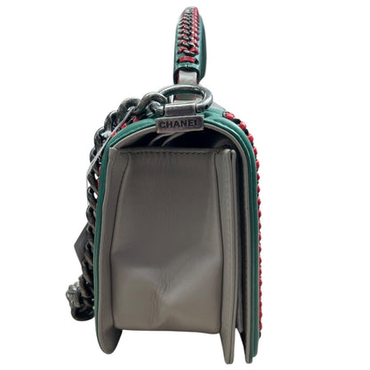 CHANEL Boy Bag Old Medium Tricolor Quilted Lambskin Grey Turquoise Silver Hardware CH2138