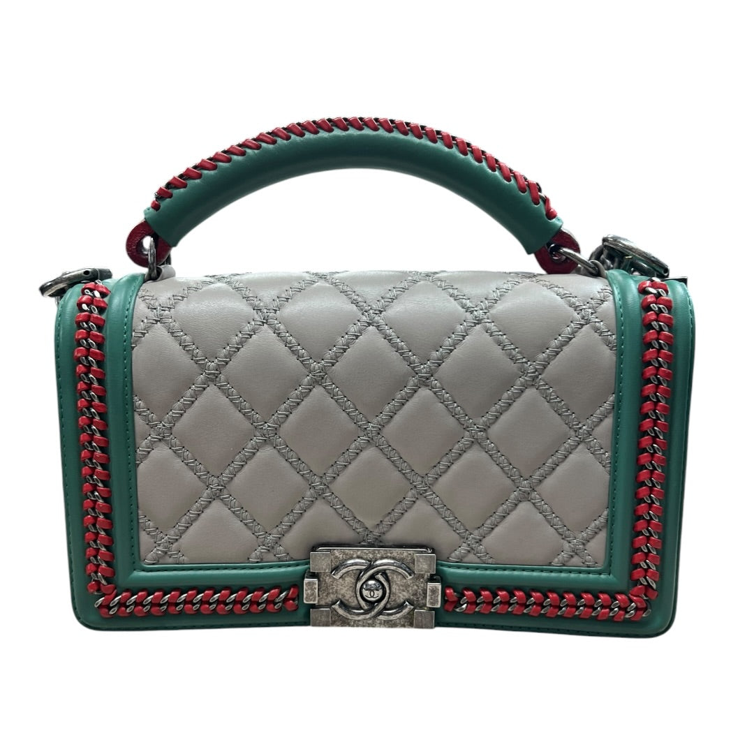 CHANEL Boy Bag Old Medium Tricolor Quilted Lambskin Grey Turquoise Silver Hardware CH2138