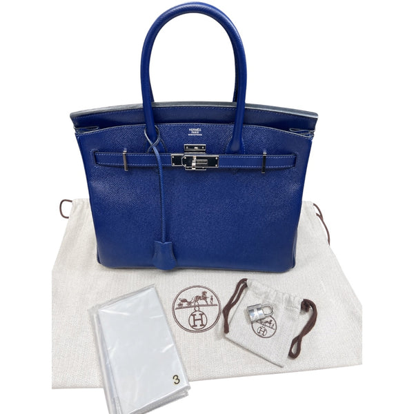 HERMES Epsom Birkin 30 Handbag Bleu Electrique Silver Hardware HE447