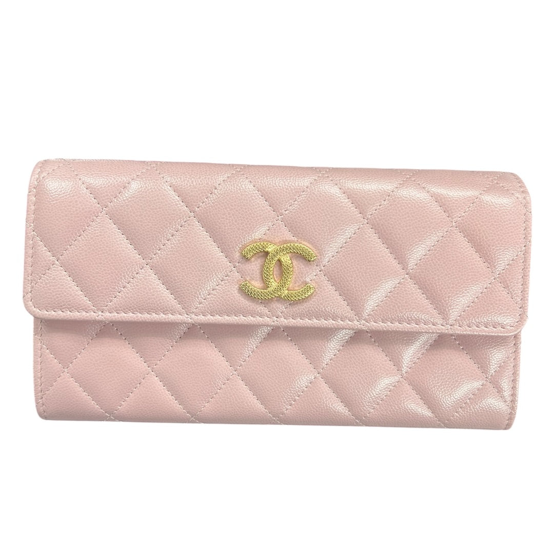CHANEL Caviar Classic Long Flap Wallet Pink Gold Hardware CH2140