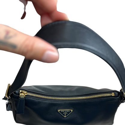PRADA Smooth Leather Triangle Logo Hobo Shoulder Bag Black Gold Hardware PR182