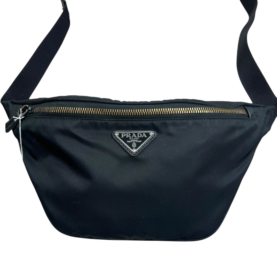 PRADA Tessuto Nylon Triangle Logo Belt Bag Crossbody Sling Black Silver Hardware PR180