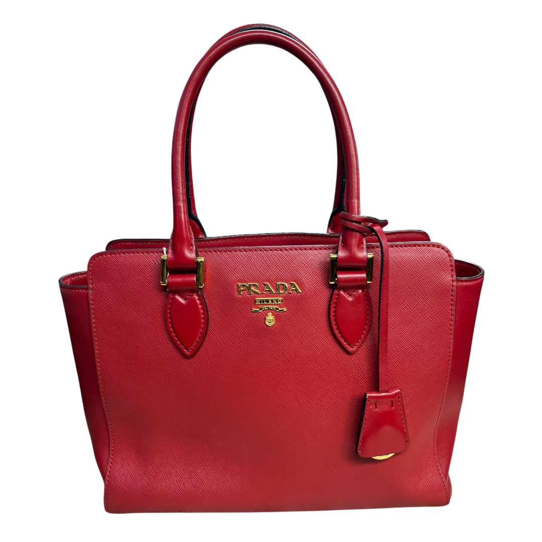 PRADA Saffiano Leather 2-Way Tote Handbag Red Gold Hardware PR186