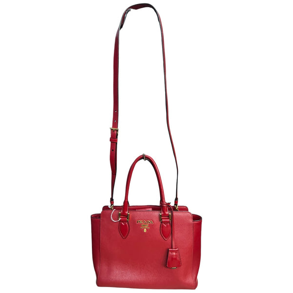 PRADA Saffiano Leather 2-Way Tote Handbag Red Gold Hardware PR186