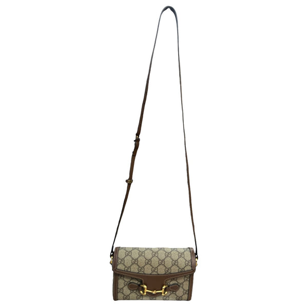 GUCCI GG Supreme Horsebit 1955 Mini Crossbody Beige Gold Hardware Gu579
