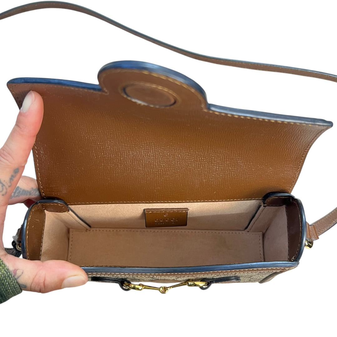 GUCCI GG Supreme Horsebit 1955 Mini Crossbody Beige Gold Hardware Gu579