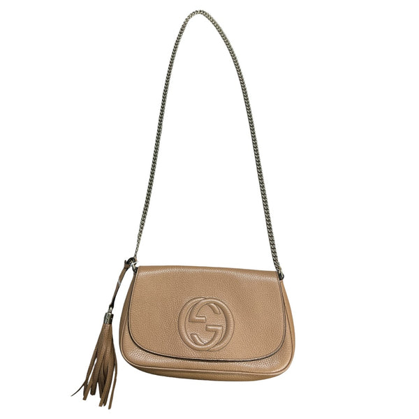 GUCCI Pebbled Leather Soho Chain Shoulder Bag Beige Gold Hardware Gu583