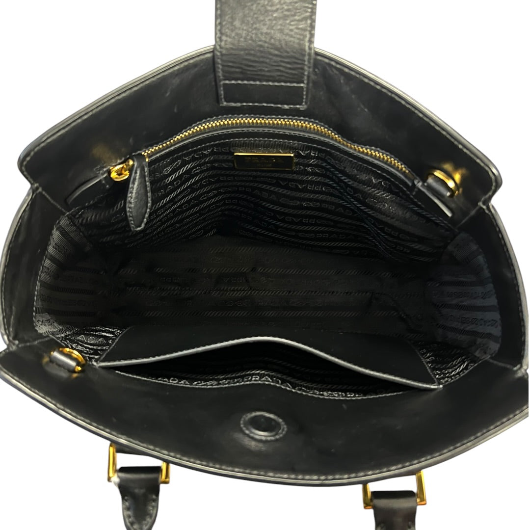 PRADA Saffiano Leather Tote Handbag Black Gold Hardware PR183