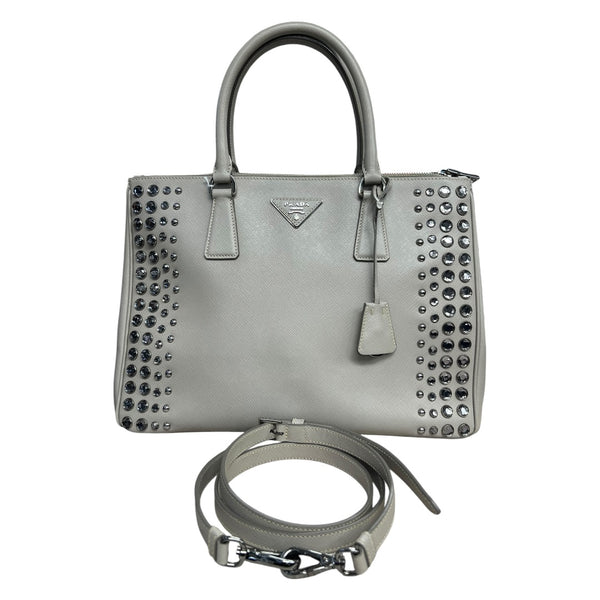 PRADA Saffiano Studded Galleria Tote Handbag Light Gray Silver Hardware PR185