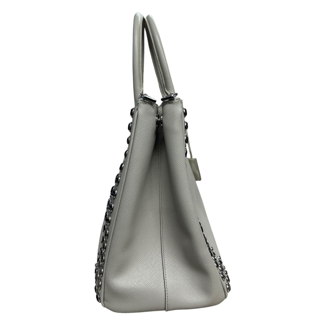 PRADA Saffiano Studded Galleria Tote Handbag Light Gray Silver Hardware PR185