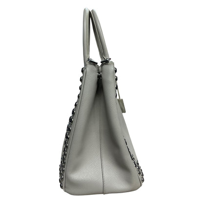 PRADA Saffiano Studded Galleria Tote Handbag Light Gray Silver Hardware PR185