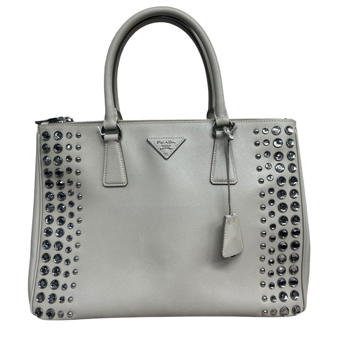 PRADA Saffiano Studded Galleria Tote Handbag Light Gray Silver Hardware PR185