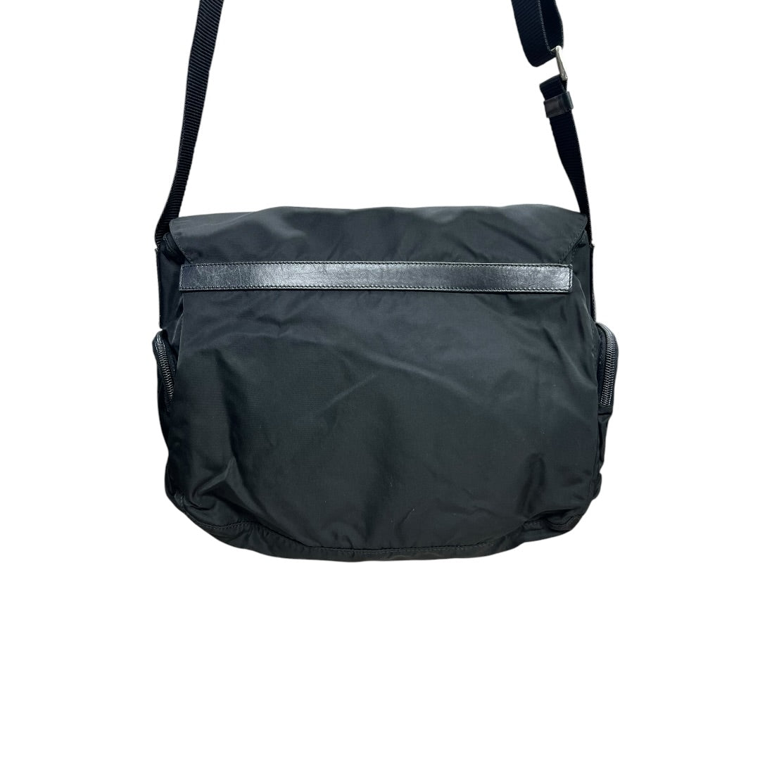 PRADA Tessuto Nylon Messenger Crossbody Bag Black Silver Hardware PR190