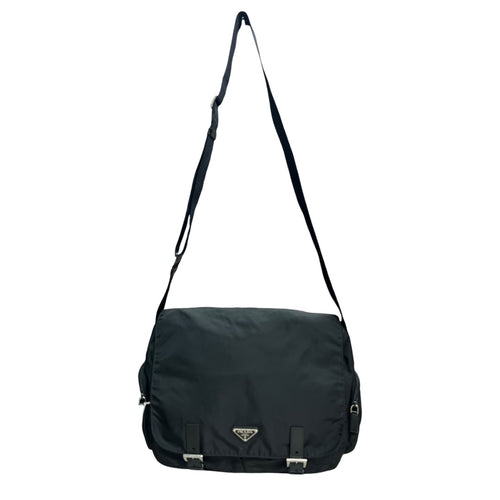 PRADA Tessuto Nylon Messenger Crossbody Bag Black Silver Hardware PR190