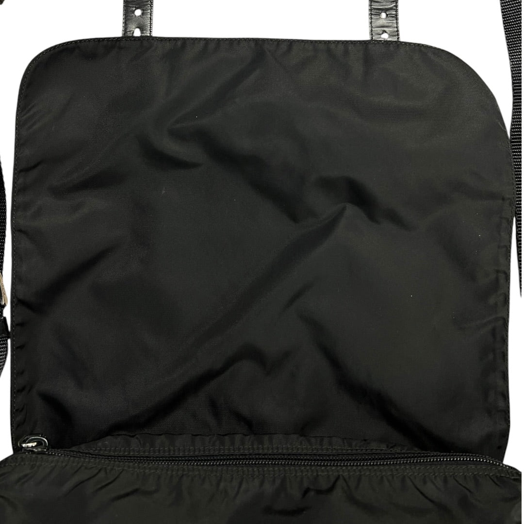PRADA Tessuto Nylon Messenger Crossbody Bag Black Silver Hardware PR190