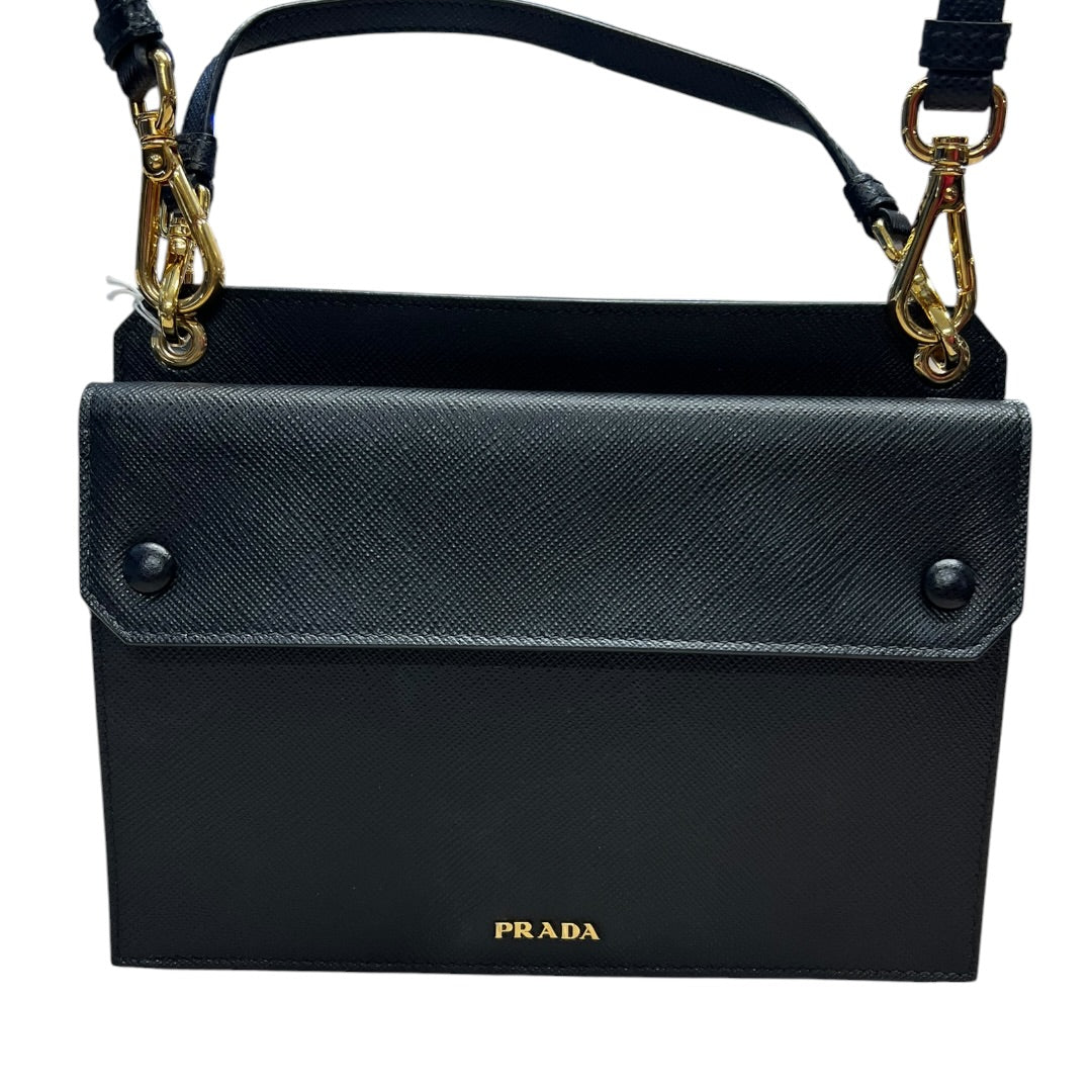 PRADA Saffiano Leather Flat Crossbody Shoulder Bag Black Gold Hardware PR191