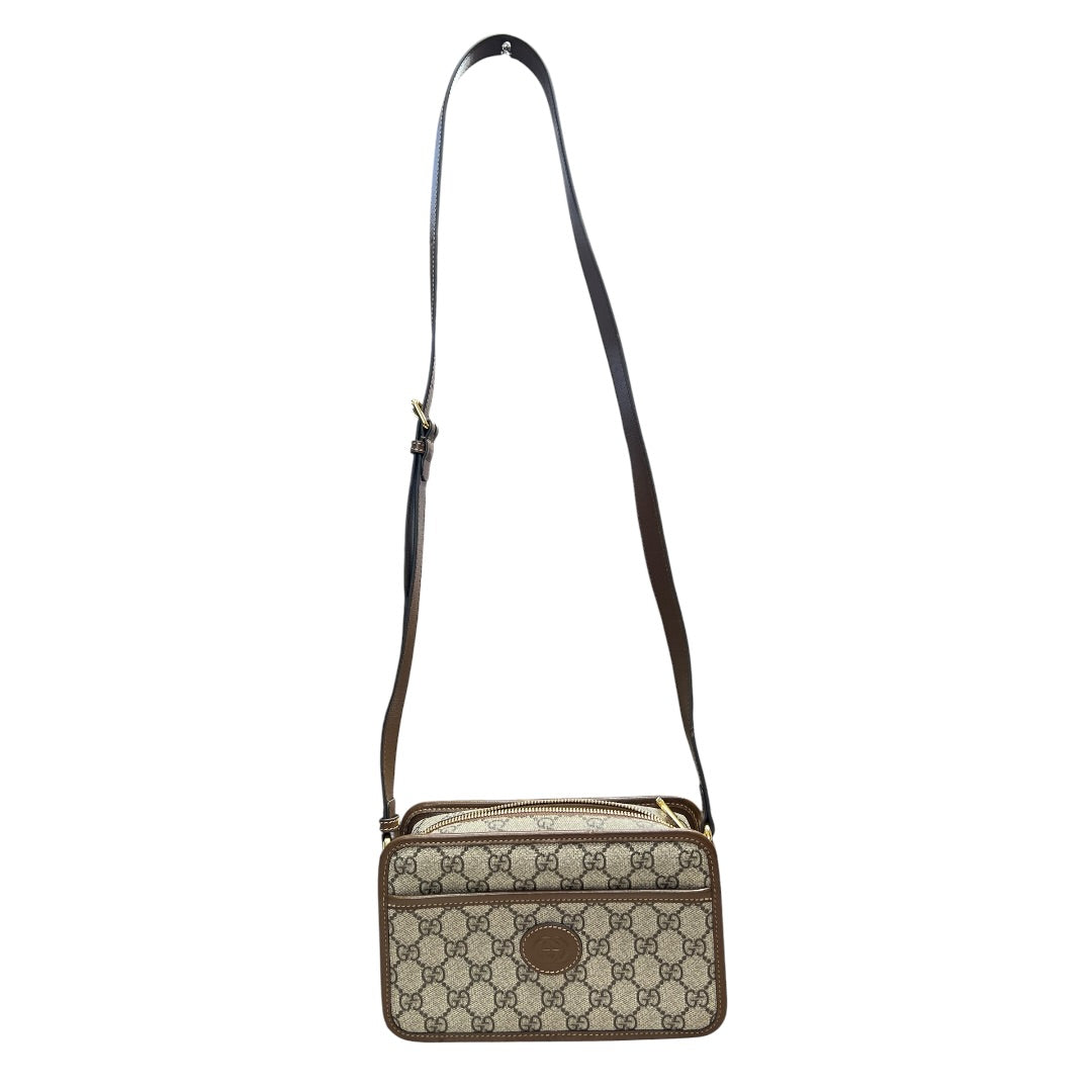 GUCCI GG Supreme Interlocking G Mini Shoulder Bag Beige Gold Hardware Gu580