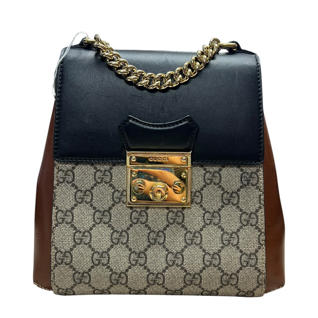 GUCCI GG Supreme Padlock Small Shoulder Bag Beige Brown Gold Hardware Gu581