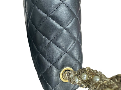 CHANEL Lambskin Classic Flap Pearl Chain Shoulder Bag Black Gold Hardware CH2141