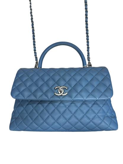 CHANEL Caviar Coco Handle Top Handle Bag Blue Silver Hardware CH2142
